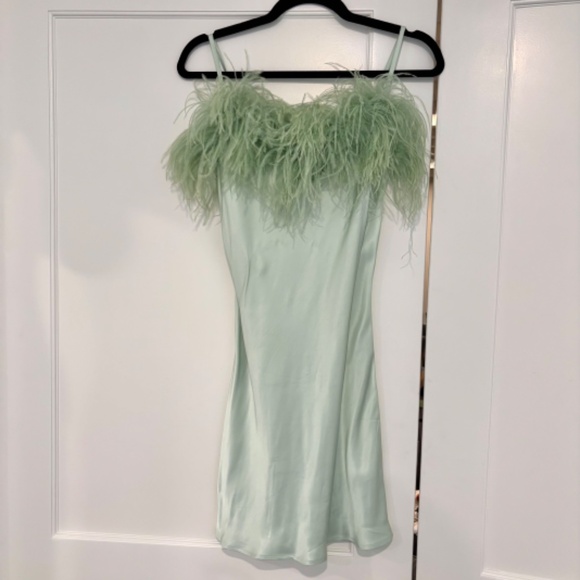 SOLD! Sleeper Boheme Mini Dress with Feathers in Mint. Size XS - Picture 2 of 4